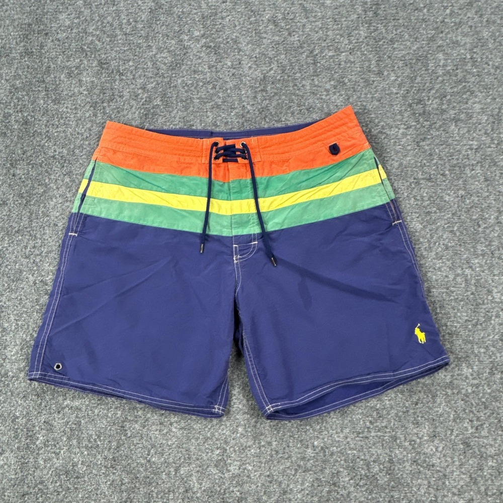 Polo Ralph Lauren Board Shorts Mens 34 Blue Striped Swim Trunks Lined Drawstring